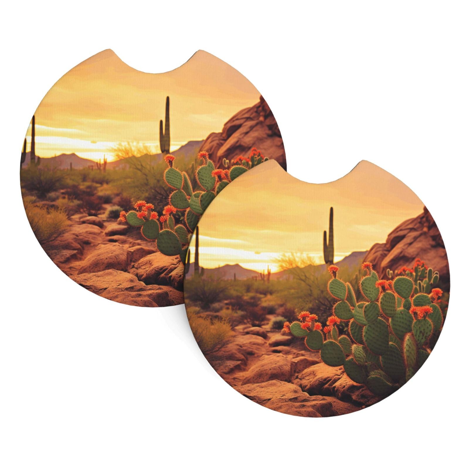 2PCS Car Coaster for Cup Holders Universal Auto Cup Mat Cactus at Sunset Poster Cup Coaster Pad 2.7" Waterproof Neoprene Non-Slip Cup Holder Coasters Car Interior Accessories for Women Men