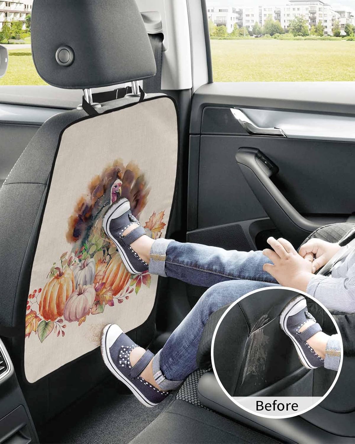 T&H XHome Car Seat Protector, 2 Pack Kick Mats Back Seat Protector Thanksgiving Watercolor Turkey with Pumpkins Waterproof Backseat Cover for Kids Universal Fit Automotive Interior Protectors
