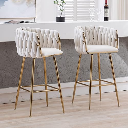 Miniatura 9 de LukeAlon Juego de 2 taburetes modernos de terciopelo para mostrador, giratorios de 360 de 26 pulgadas de altura de asiento bajos con patas doradas,