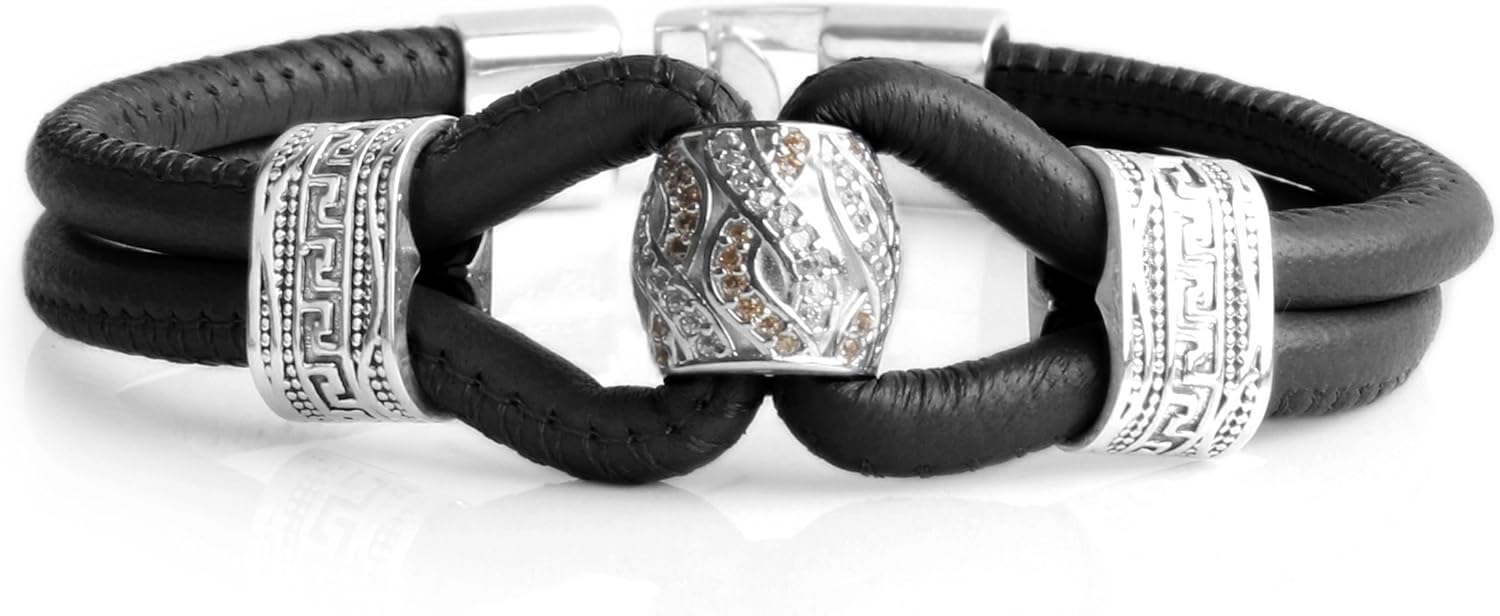 Bracelet Genuine Leather Sterling Silver Mens Find Your Fit Round E710 Black Edition