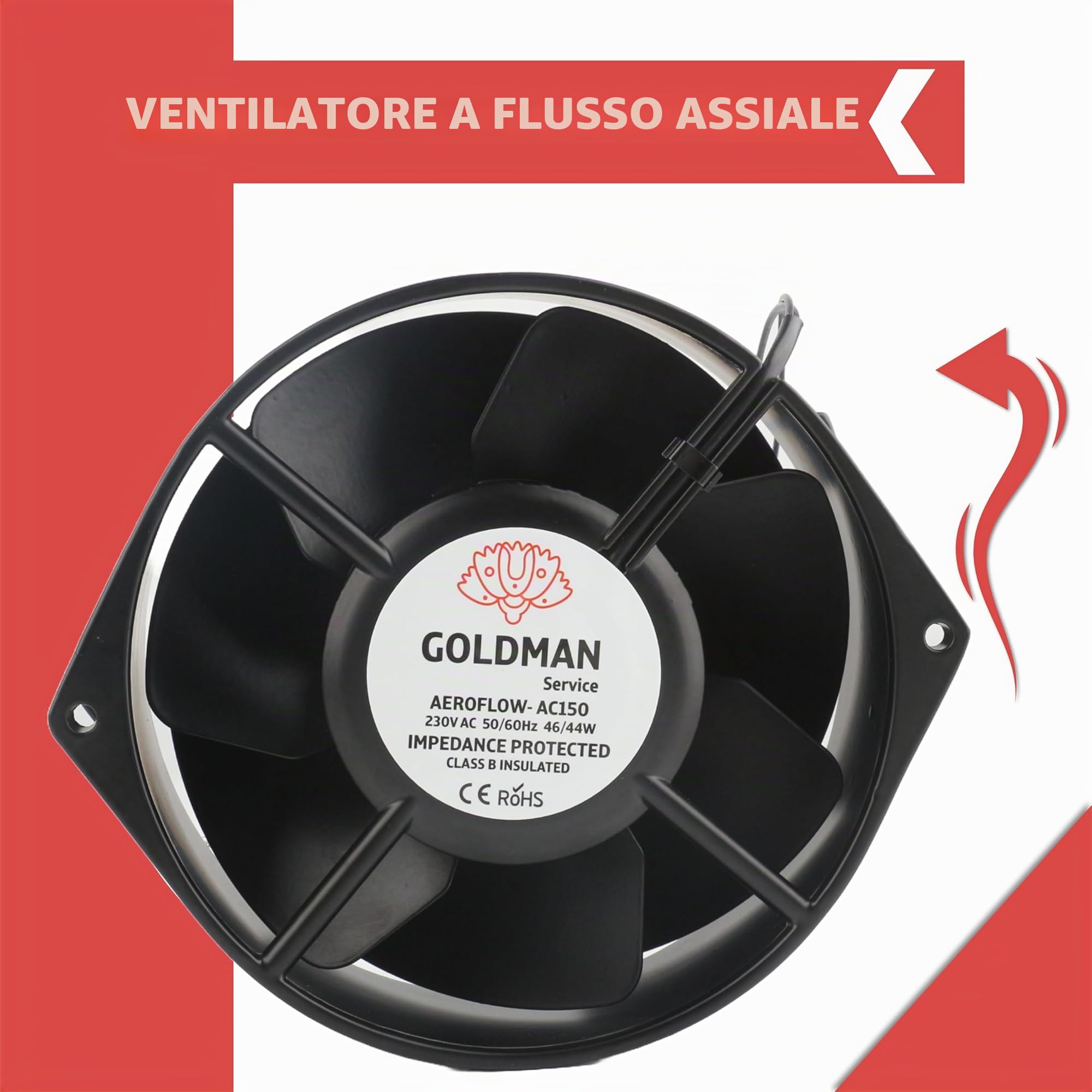 GOLDMAN SERVICE | Ventilatore assiale per ventilazione e raffreddamento, alto flusso d'aria, silenzioso, pale in metallo, cuscinetti a sfera, corpo in alluminio | Dimensioni: 150 X 162 X 55 mm