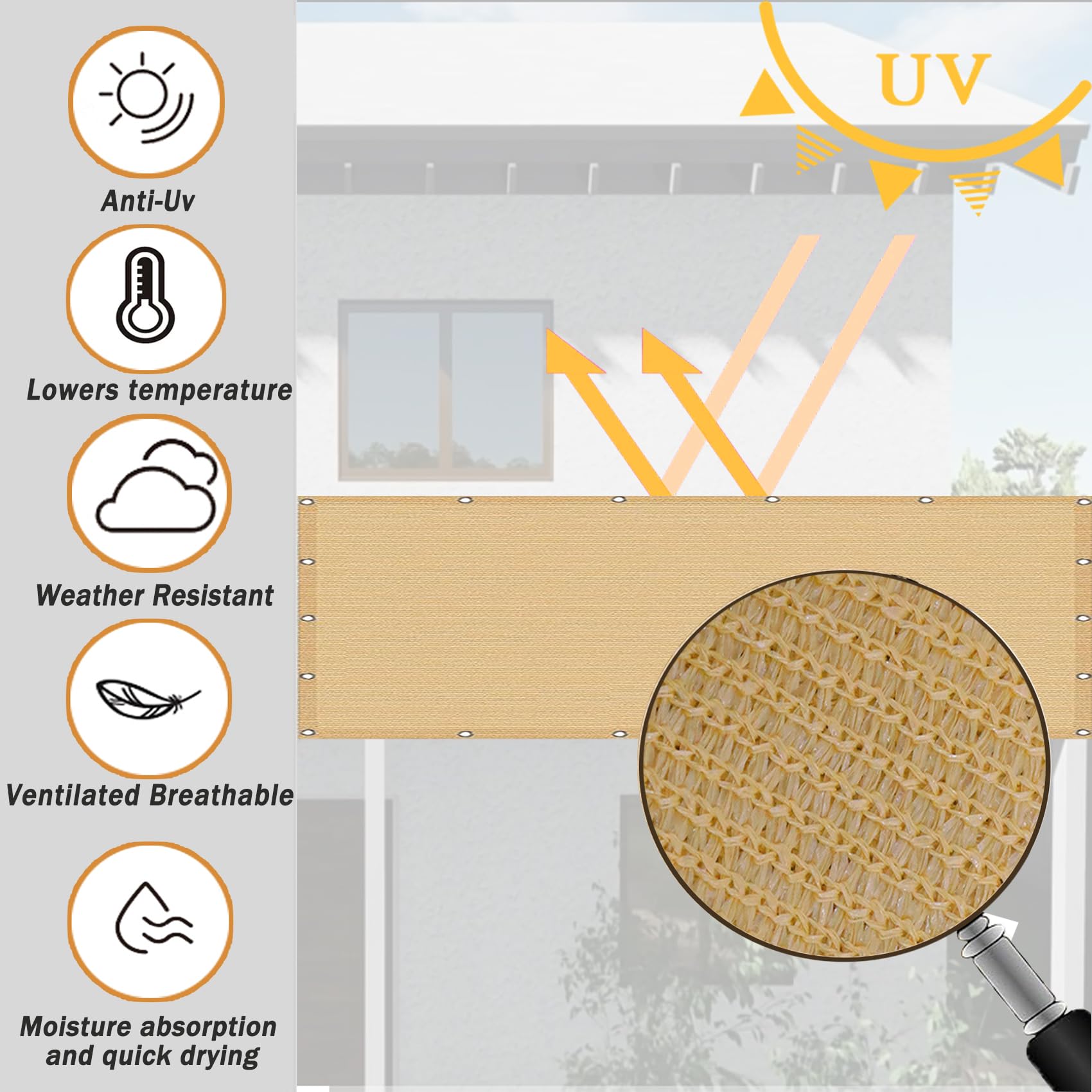 Osłona Balkonowa 195 x 700 cm HDPE 220 G M² Bez Wiercenia, Nieprzejrzysta, Odporna Na Uv, Odporna Na Rozdarcie, Ochrona Przed Spojrzeniami Z Oczkami I Linką Do Podwórka, Piaskowy żółty