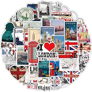 Lot de 50 Royaume-Uni Autocollants, UK Voyage Autocollants en Vinyle Imperméables, Valises Stickers pour scrapbooking, bouteille d'eau, Bagages Skateboard Guitare Ordinateur Portable