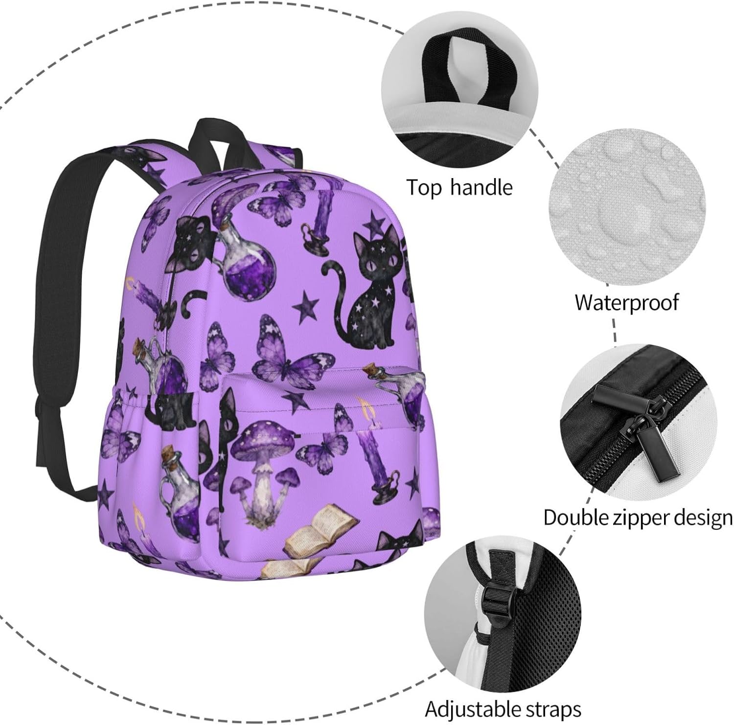 Fashion College Backpack Rucksack Travel Bookbag Compatible with Witchy Witch Goth Black Cat Mushroom, Multifunction Laptop Rucksack with Comfortable Shoulder Strap for High College Men Women