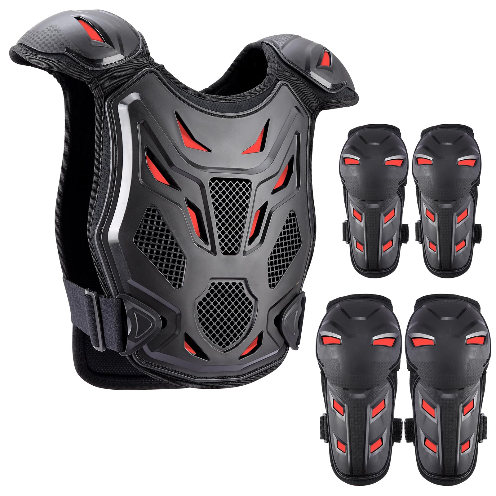 PELLOR Aggiornato Armatura Moto Per Bambini, 5 Pezzi Set Pettorina Motocross Bambino con Ginocchio/Gomiti/Torace, Paraschiena Moto Protezione Torace Ideale per Ciclismo,Sci,Equitazione,Skateboard