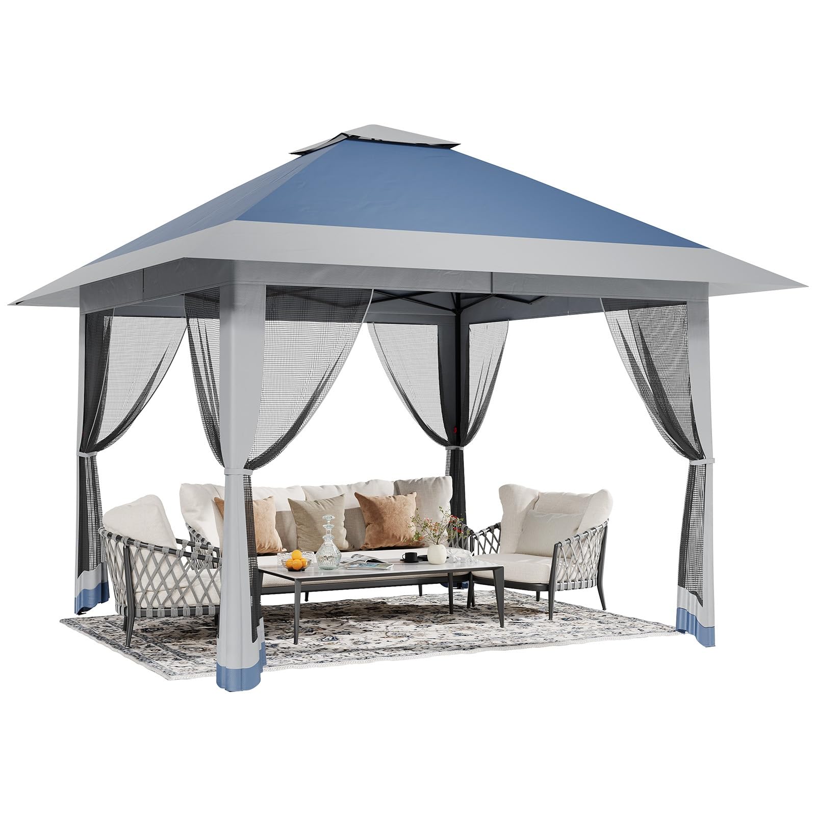 Aptliton Pop Up Gazebo w/Sides, 3x3m Outdoor Instant Patio Canopy Shelter w/Mesh Netting, Waterproof Garden Gazebo w/Sandbags for Patio/Backyard/Wedding/Party, Double Top