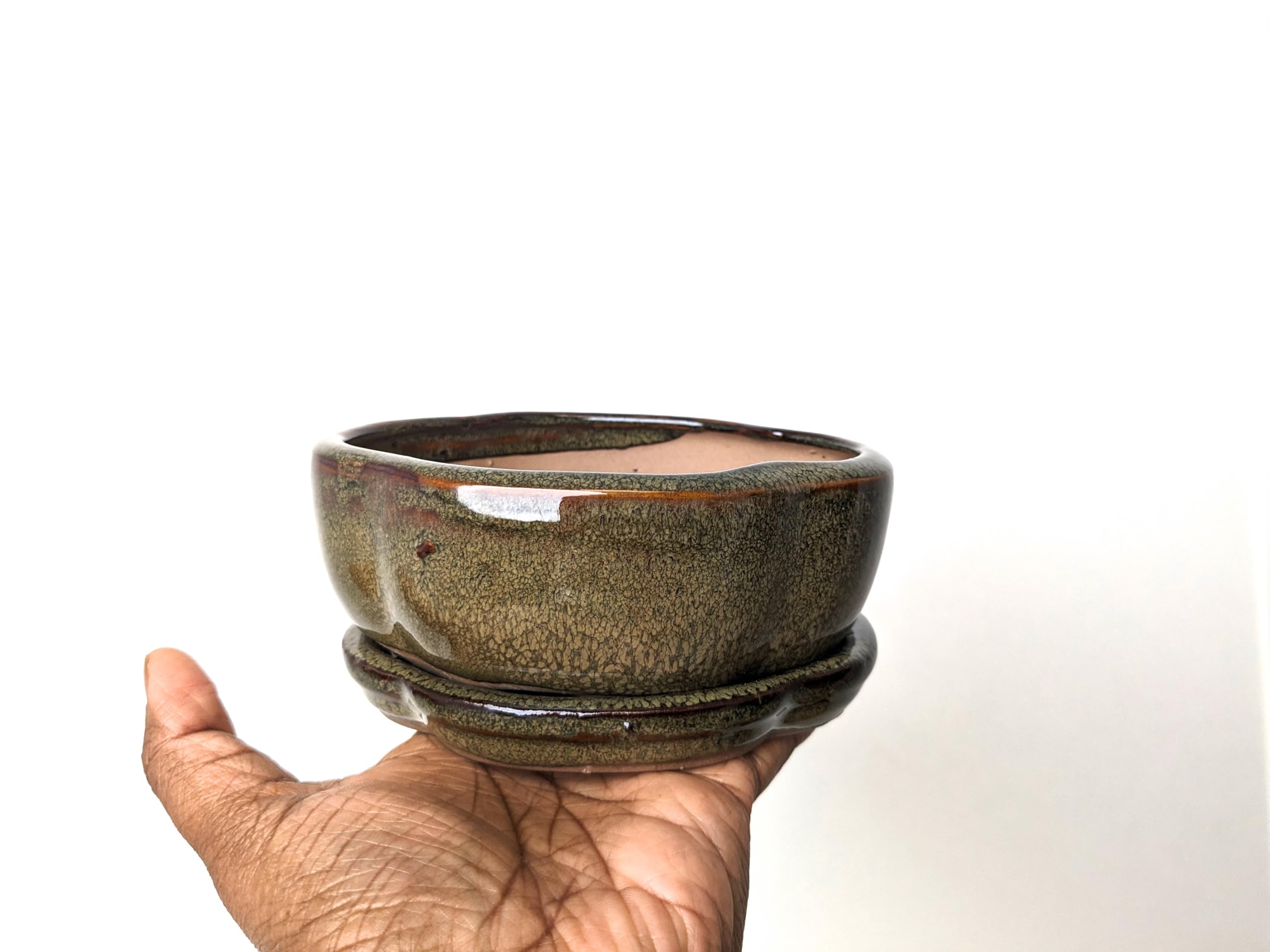Glazed Ceramic Bonsai Pots with Matching Drip Trays (Olive Green, 12cm) โ image 1