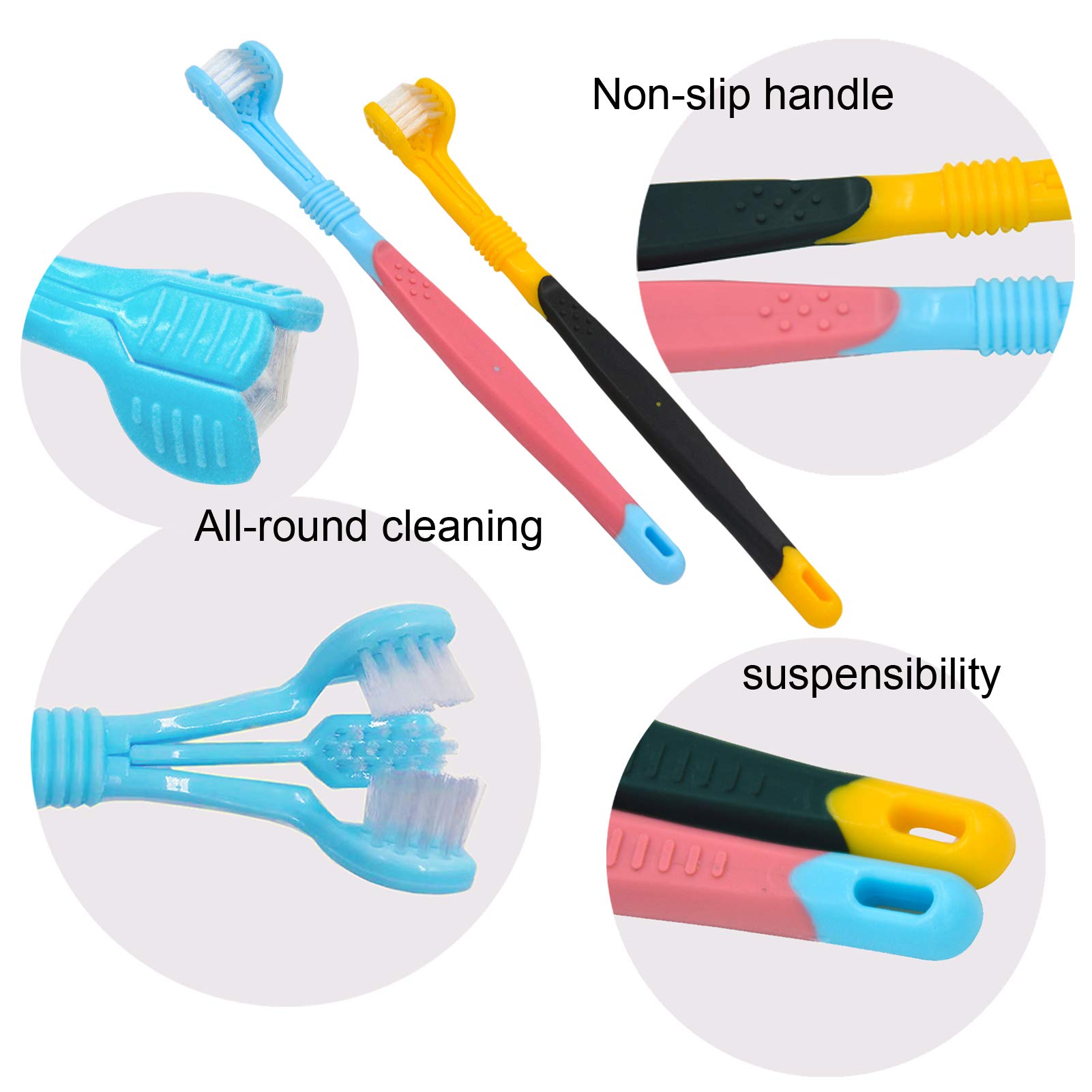 OperSeven Dog Toothbrushs, 2pcs Blue Yellow, Suitable for Adult Dogs, Three Sided Design for Easy Teeth Cleaning 3