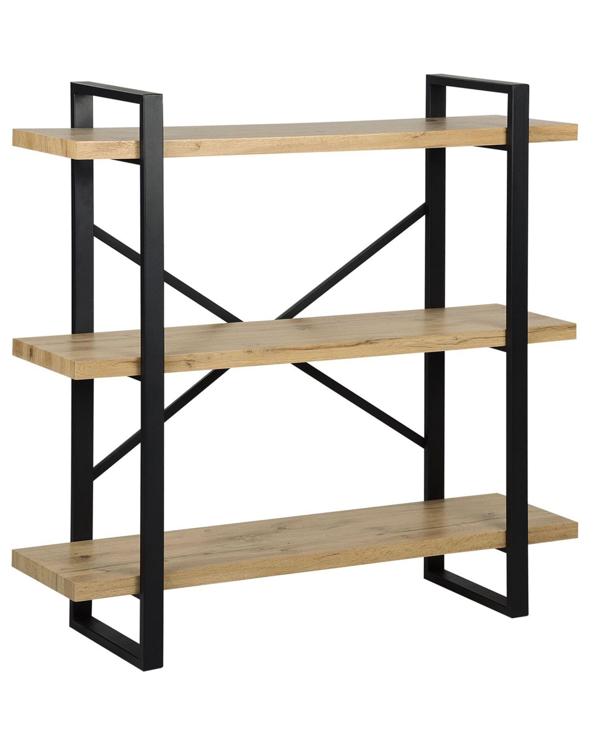Beliani Industrial Open Tier Bookshelf Light Wood Black Metal