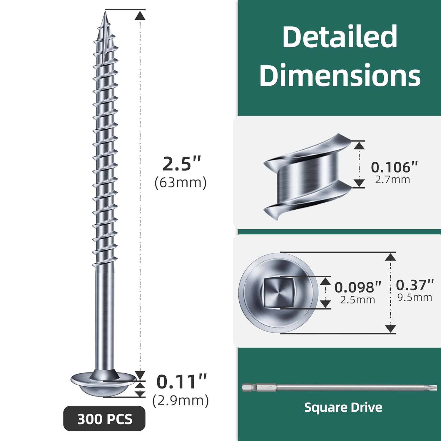 #8 Pocket Hole Screws 2-1/2 Inch, 300Pcs #8 x 2-1/2 Anti-Rust Zinc Plated Pocket Screws, Self-Tapping Tip Square Drive Wood Screw for Furniture with 150mm Drill Bit