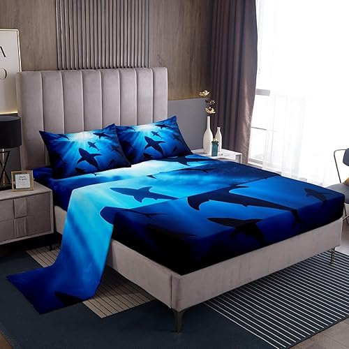 Miniatura 2 de Erosebridal Juego de sábanas y fundas de almohada tamaño Queen con temática oceánica de mar marino, juego de sábanas y tiburones ballenas, bonito