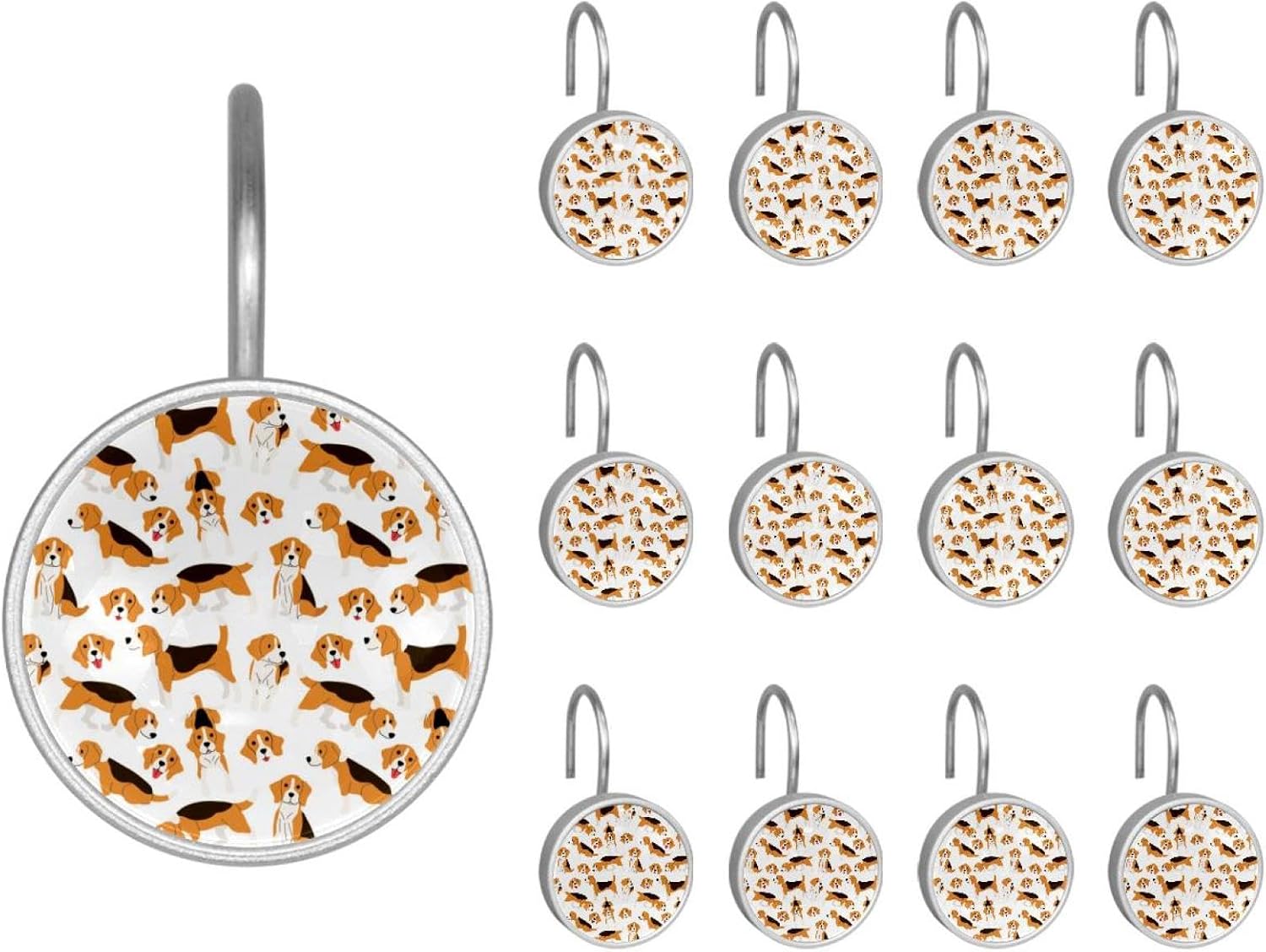 Set of 12 Shower Curtain Hooks, Shower Curtain Rings Crystal Glass Decorative Bathroom Hook, Beagle Dog Action