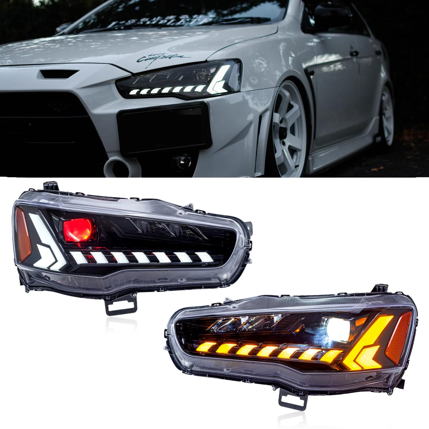 HCmotion Headlights Assembly Fit for Mitsubishi Lancer & EVO X 2008 2009 2010 2011 2012 2013 2014 2015 2016 2017 2018 2019 2020 With DRL Start UP Animation Sequential Turn Signal (Clear)