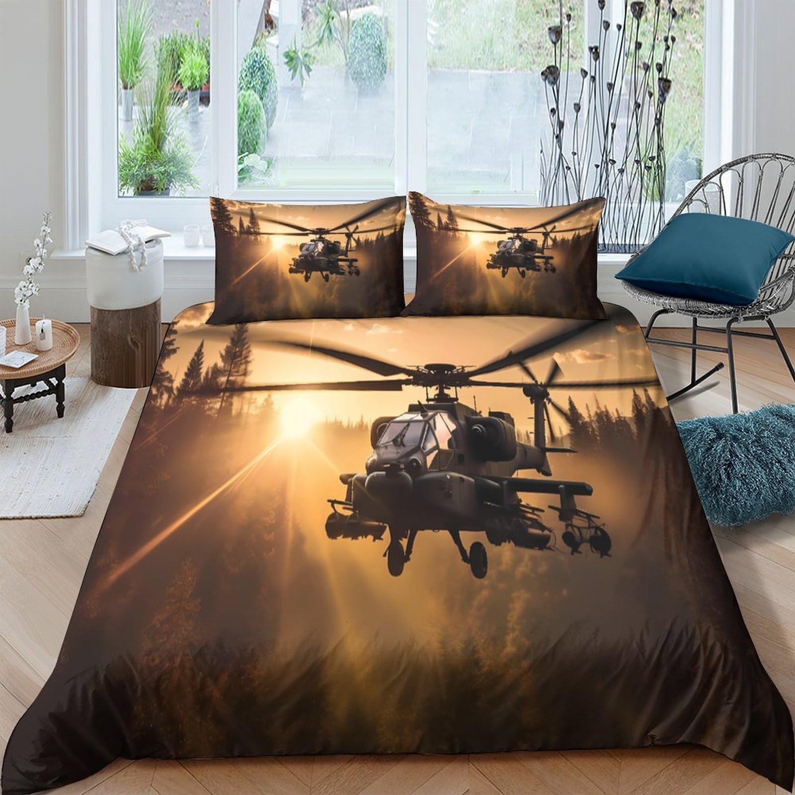 GPLZQXKJNH 3D Printed Helicopter Sunset Duvet Cover Microfiber Soft Breathable Military Aircraft Bedding Set with 2 Pillowcases for Bedroom Decor Single（135x200cm）