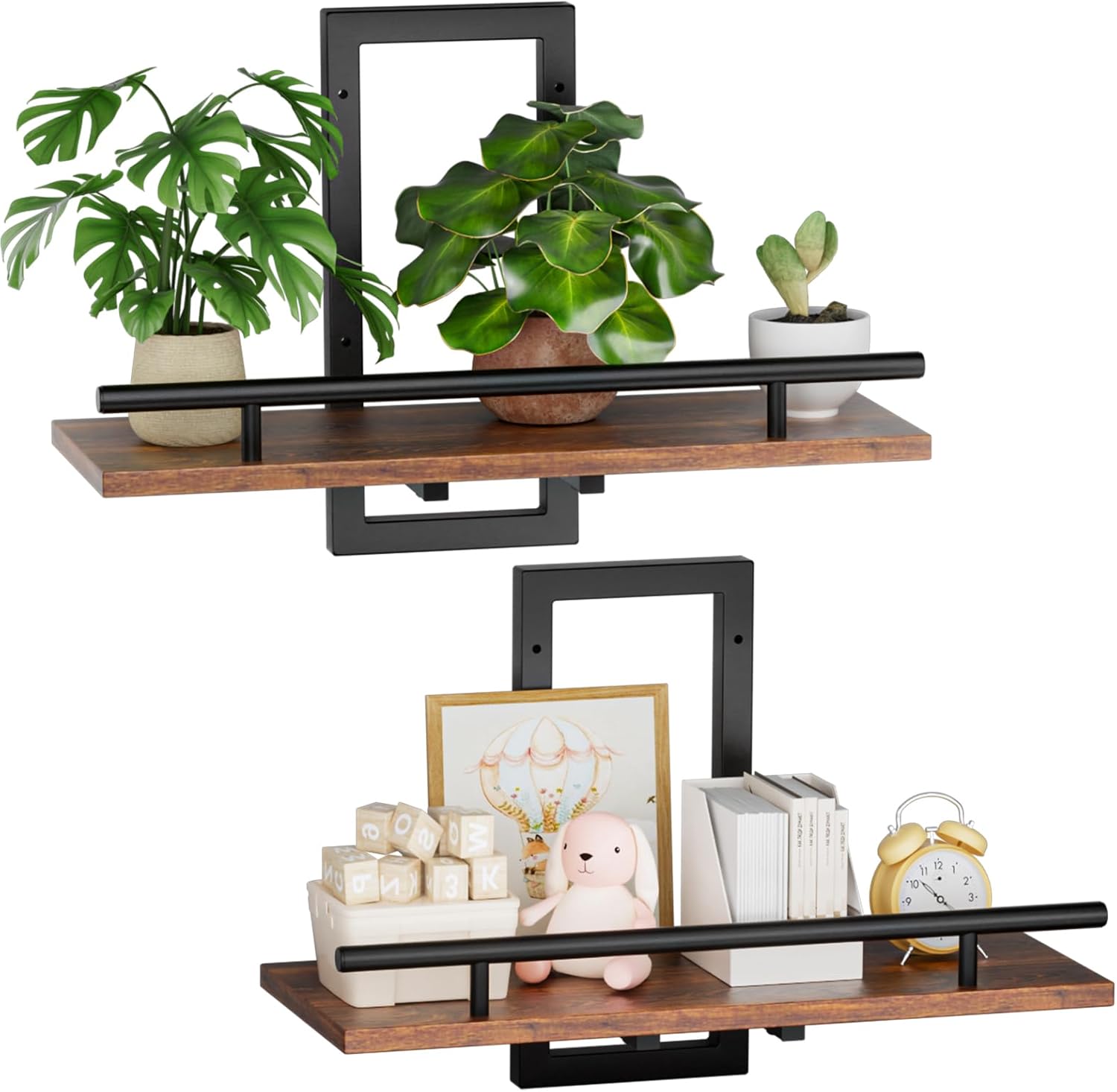 Floating Shelves for Wall to Hold Plants and Small Decor, 15.8 Inch Wall Mounted Shelves Set of 2, Easy to Mount Book Shelf for Bedroom, Living Room, Bathroom, Kitchen, Rustic Brown