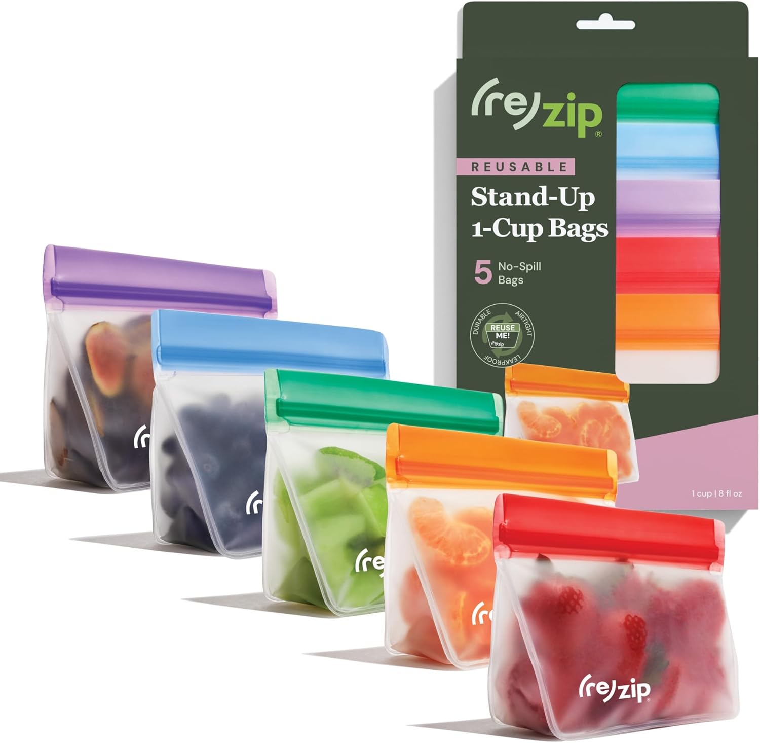 (re) zip 5-pack Stand-Up Reusable Bags | BPA-Free, Food Grade, Leakproof, Freezer and Dishwasher Safe | 5 Snack-Size Bags (1-Cup / 8-Oz) | Jewel Tones for Easy Organization - Thumbnail 2