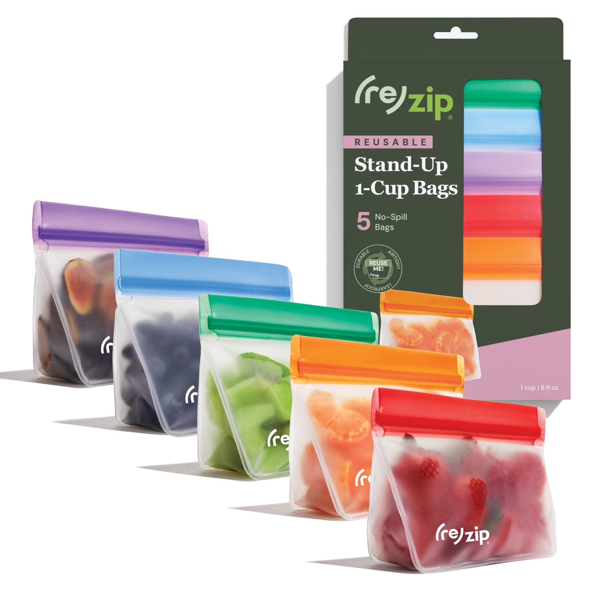 (re) zip 5-pack Stand-Up Reusable Bags | BPA-Free, Food Grade, Leakproof, Freezer and Dishwasher Safe | 5 Snack-Size Bags (1-Cup / 8-Oz) | Jewel Tones for Easy Organization