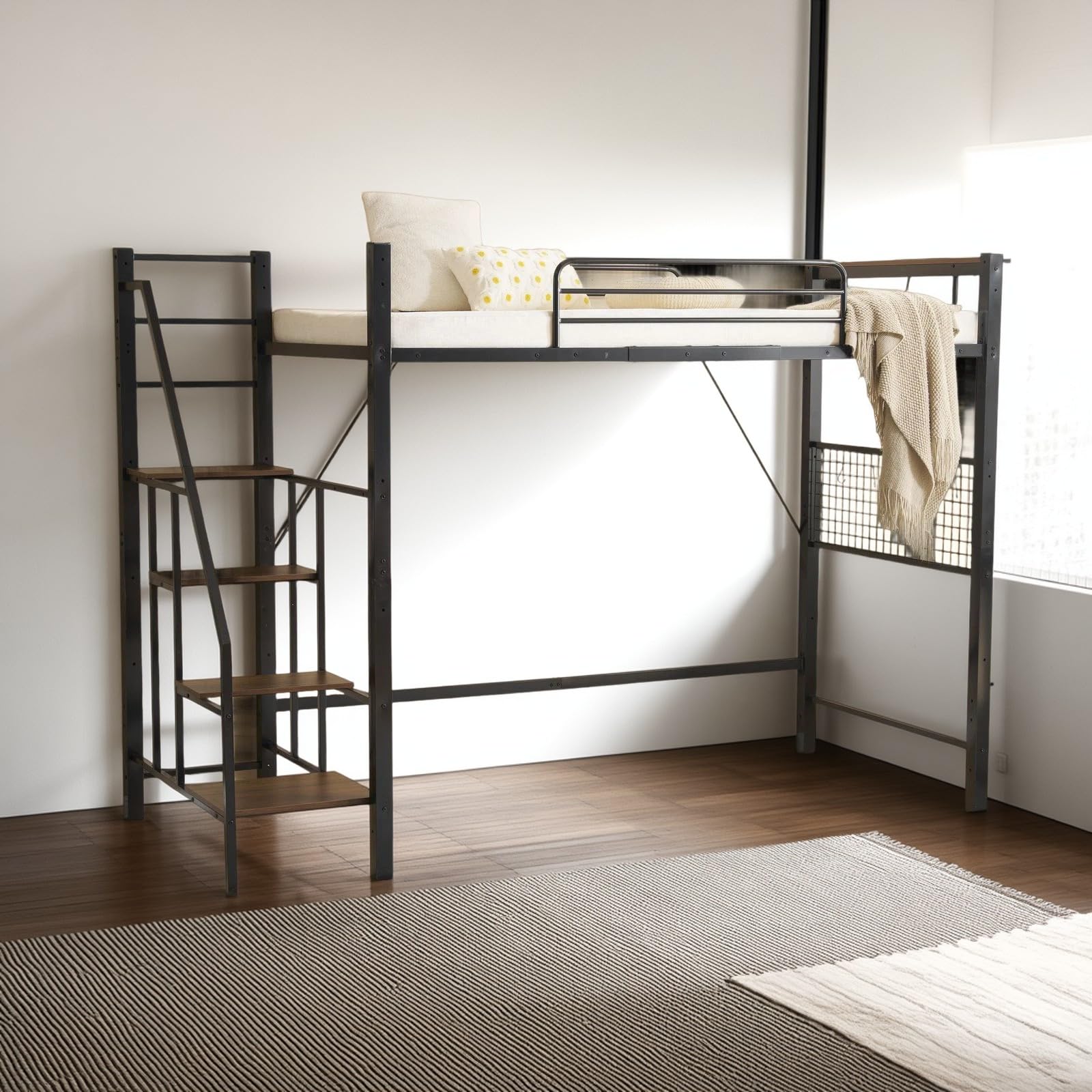 Amazon｜CAGUUIA ロフトベッド シングル 階段付き 高さ173cm 宮棚