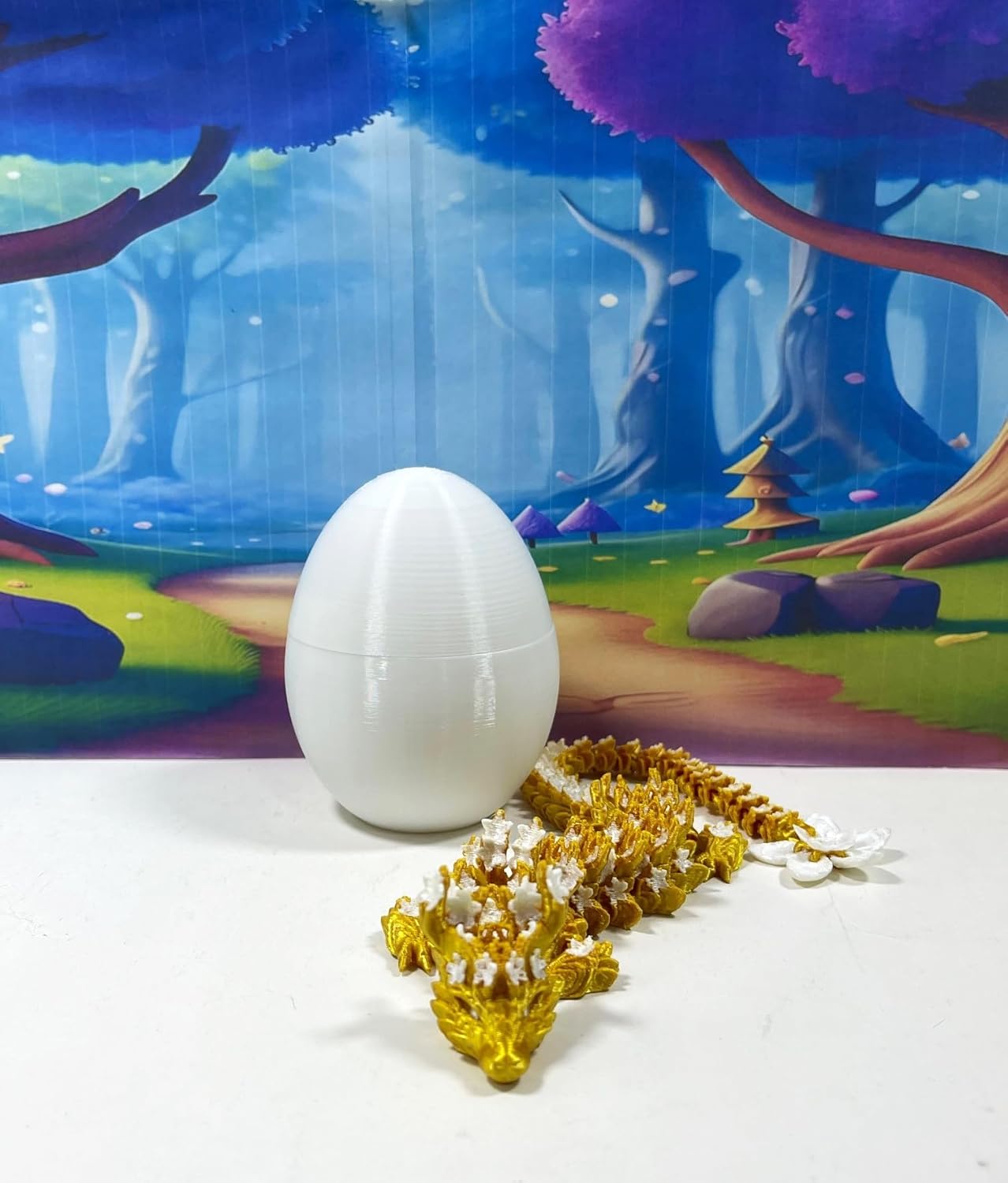 Generic 3D Printed Dragon with Dragon Egg, 12"" Gold and White Cherry Blossom Articulated Dragon, Fidget ADHD Autism Toy Executive Desk Toy D032-DR