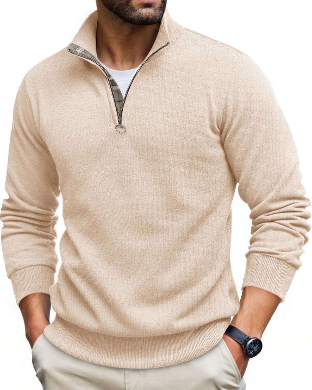 Runcati Mens Quarter Zip Pullover Sweater Lightweight Mock Neck Slim Fit Pullover Knit Casual Polo Sweaters