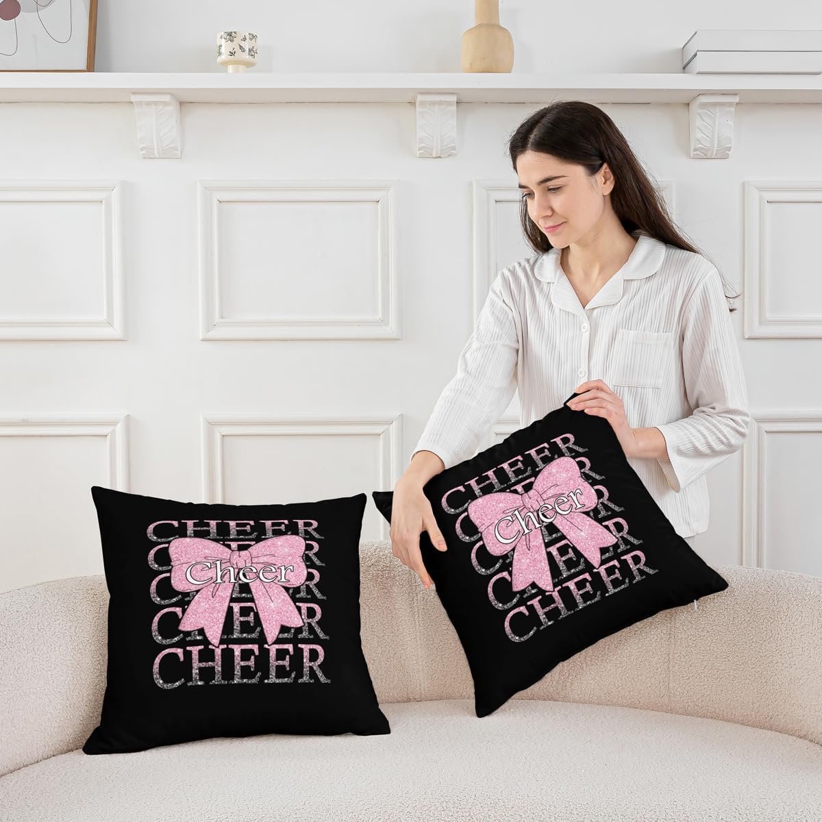 Feelyou Cheer Bow Throw Pillow Covers 1 Pcs Cheerleader Square Cushion Covers Funny Sport Pillow Case Light Pink Cushion Case for Couch Sofa Bedroom Decor 24 x 24-Inch
