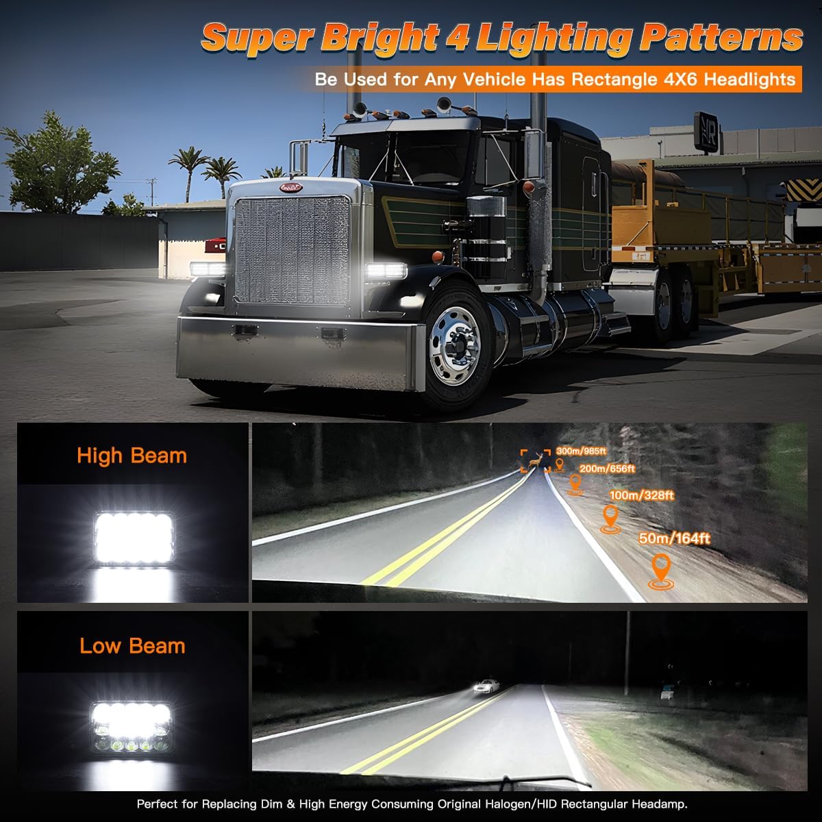 4x6 In LED Headlights DOT Approved 2PCS High Low Beam Rectangle Headlight with H6545 H4668 H4656 H4651 H4652 H4666 H4642 Headlamp for Trucks chevy Ford Kenworth T800 W900 Peterbilt 378 379