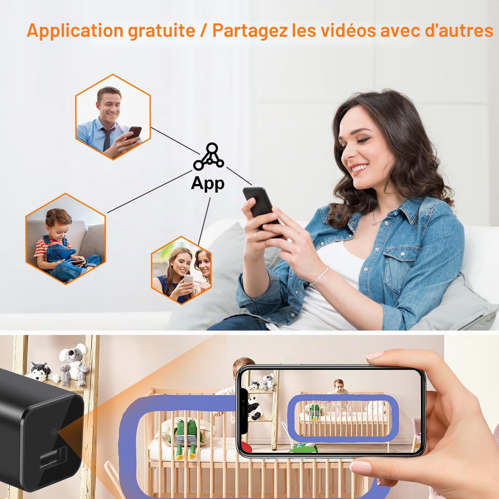 Caméra cachée avec chargeur USB, WiFi, petite caméra de sécurité espion, Full HD 1080p, mini caméra de nounou sans fil, détection de mouvement avec application en direct pour la maison