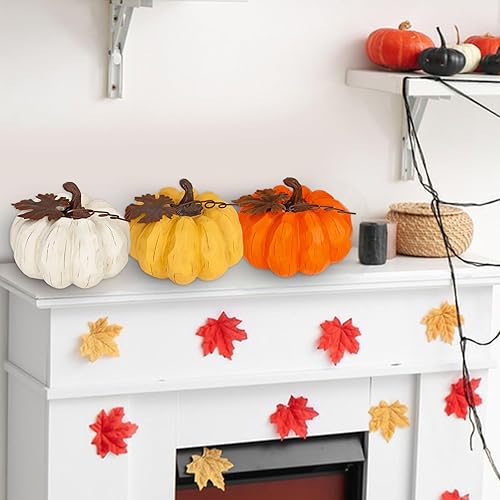 Miniatura 6 de Decoración de calabaza de otoño, juego de 3 calabazas de resina de 6 pulgadas con hoja de arce de metal, calabazas artificiales para decoración de