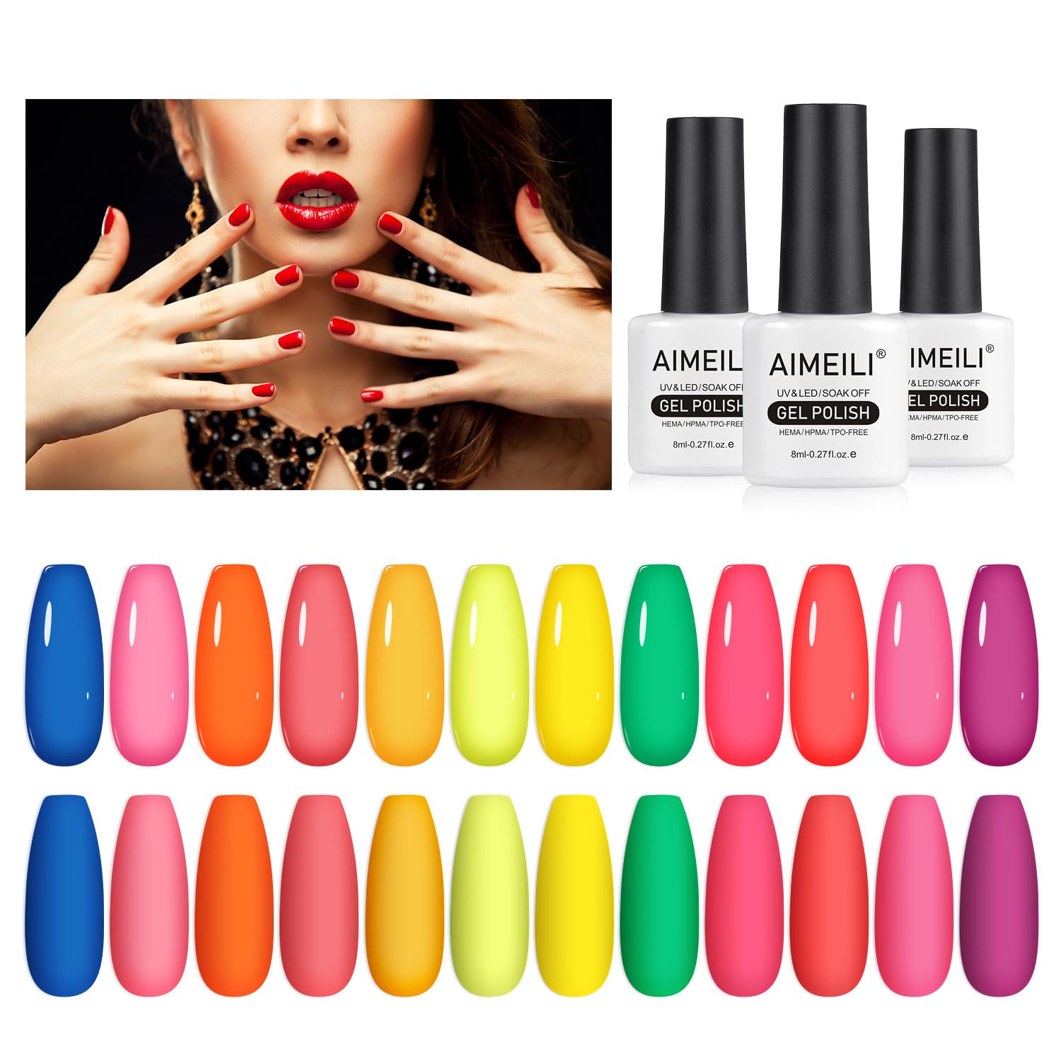 AIMEILINeon Gel Nail Polish Set Summer 12 Colors Gel Polish Hot Pink Nail Polish Gel Nail Art DIY Salon Kit Set 24