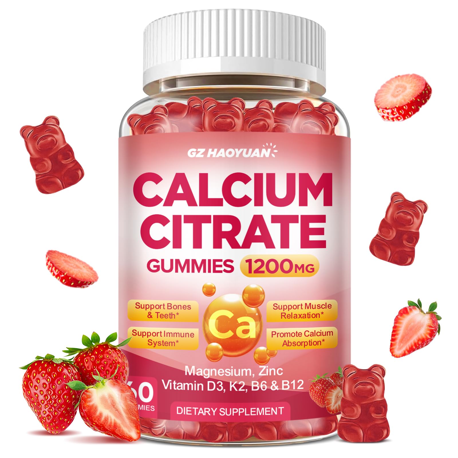 Calcium Citrate Gummies - 1200mg Calcium Gummies Supplements for Women & Men with Vitamin D3, K2, Magnesium, Zinc High Absorption for Muscle & Immune Support, Strawberry Flavor, 60 Count Strawberry 60 Count (Pack of 1)