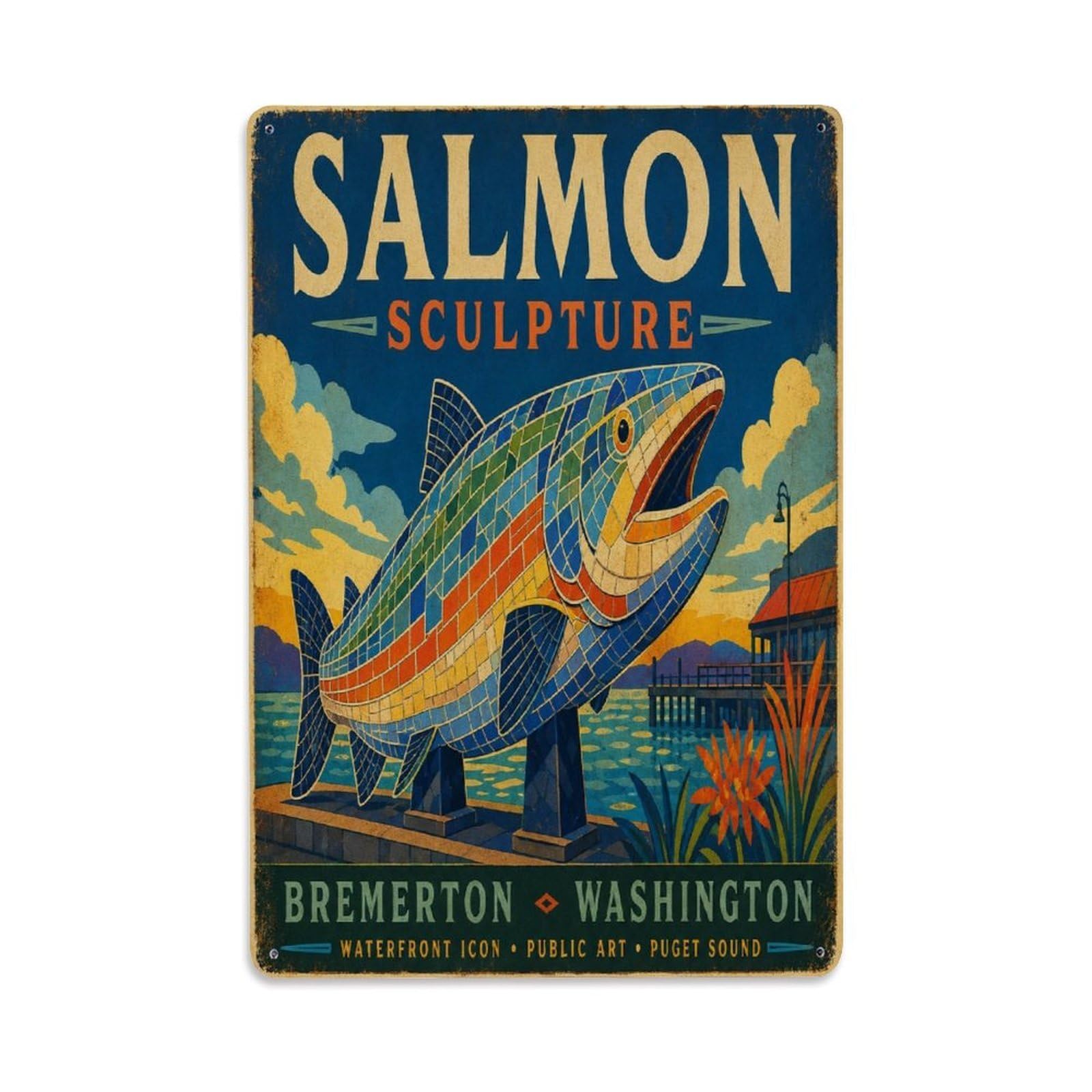 Belfast Salmon Sculpture Riverside Landmark Metal Tin Sign Plaque Wall Decor for Cafe, Man Cave, Club Bar, Office, Home Garden Round Metal Poster 8x12Inch