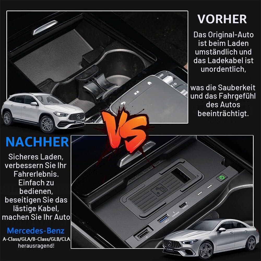 Kabelloses Ladegerät Auto für Mercedes-Benz A-Class GLA-Class AMG B-Class GLB-Class CLA-Class 2020-2023 15W Schnellladendes Handy-Ladegerät für Mercedes-Benz W177 H247 C118 W247 X247 Zubehör