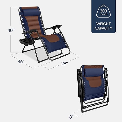 Miniatura 3 de Best Choice Products - Sillón acolchado Zero Gravity XL, reclinable, plegable, para exteriores, antigravedad, con reposacabezas, portavasos, bandeja