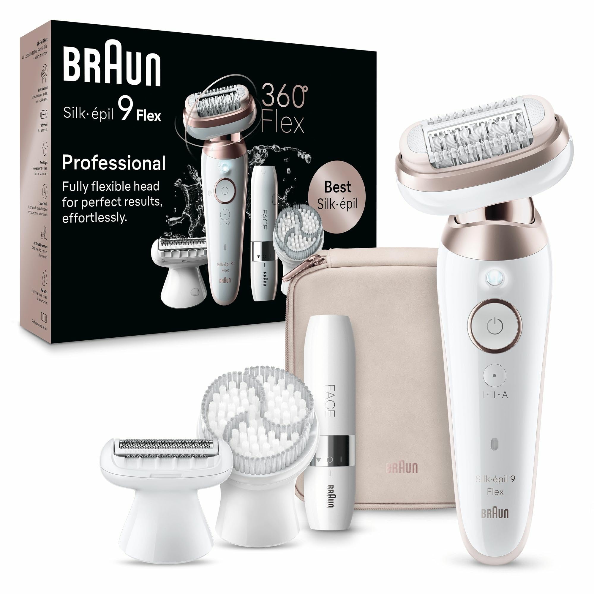Braun Silk-épil 9 Flex - Depiladora facial para mujer con cabezal flexible de 360 ° para depilación fácil, en húmedo y seco, depiladora con capucha recortadora