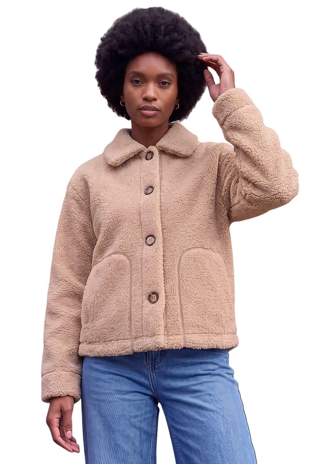 Roman Originals Collared Borg Fleece Jacket for Women UK - Ladies Everyday Autumn Winter Comfy Soft Evening Vacation Work Party Night Out