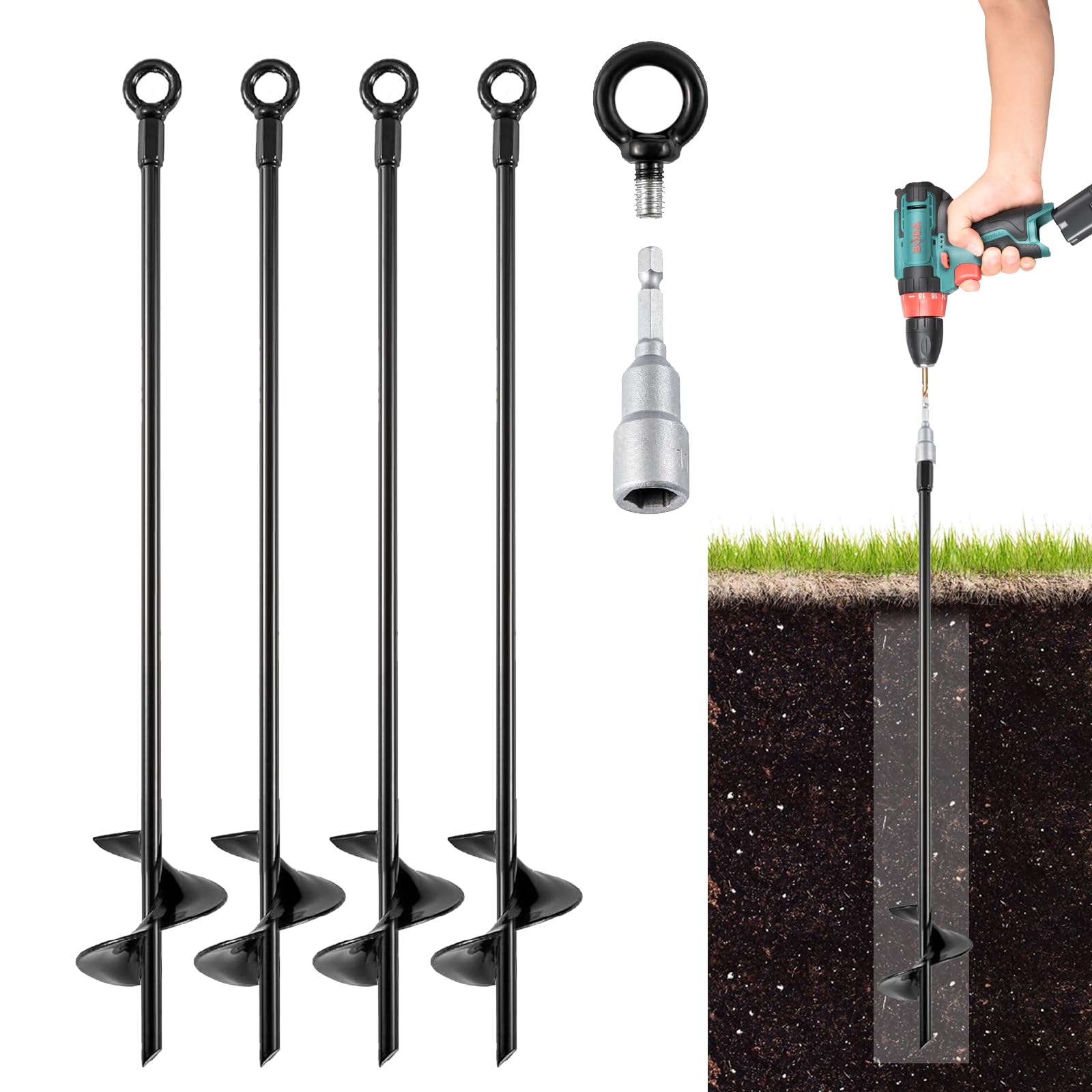 Lot de 4 Ancrage au Sol, 38,5 cm Ancrage Balancoire, Piquets d'ancrage, Fixation Trampoline Sol, Piquet Ancrage Trampoline pour Tentes, Balançoires, Auvents, Abris, Abri de Jardin
