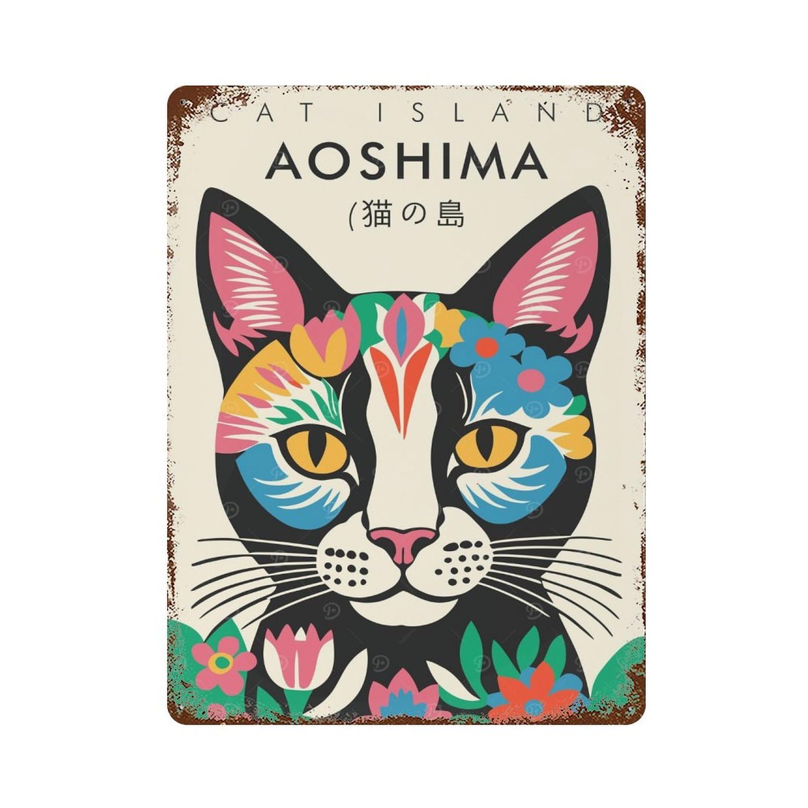 Aged Metal Wall Plaque with Cat Island Aoshima Design 15.7"x11.8", for Shed, Workshop And Garage Wall Decor, Decorative Metal Wall Art