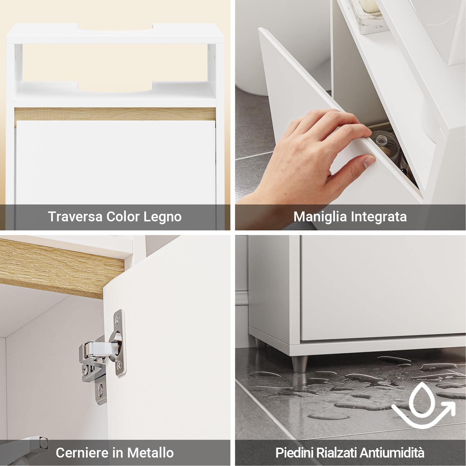SoBuy Mobile Sottolavabo Stretto con Apertura a U 40x60x30cm per Bagno | Armadietto Salvaspazio, Mobile Bagno di Servizio per Piccoli Spazi, Finitura Opaca Bianco e Legno BZR222-W