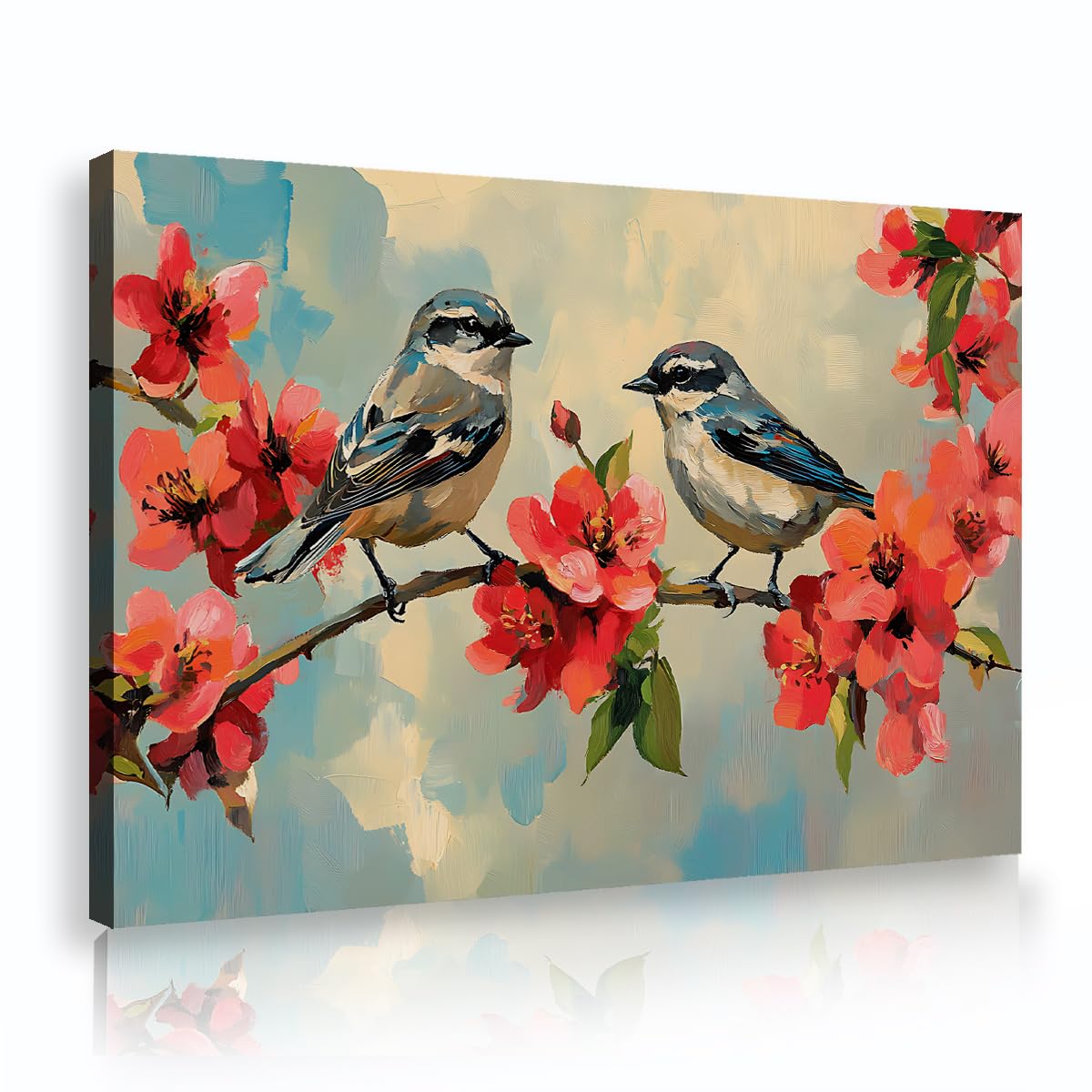 CHERHERART Cute Bird Couple Shabby Chic Canvas Prints Decor Birds Blossom Branch Canvas Wall Art Watercolor Spring Floral Poster Picture 55x85cm Innerframe