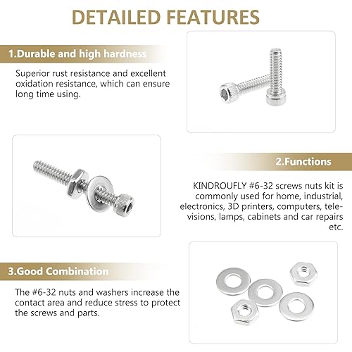Miniatura 4 de 252 piezas #6-32 x 316", 14", 516", 38", 12", 58", 34", 1", 1", Kit surtido de tuercas y arandelas de cabeza hexagonal, acero inoxidable 304, rosca