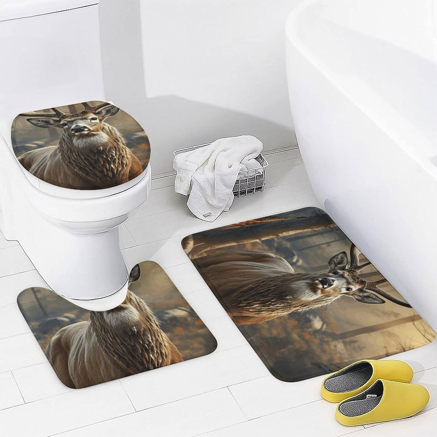 Deer Hunting Season Shower Curtain Set 4 Piece, Non-Slip Bath Mat with Toilet Lid Cover and Waterproof Shower Curtain with 12 Hooks, Complete Bathroom Set for Home Decor