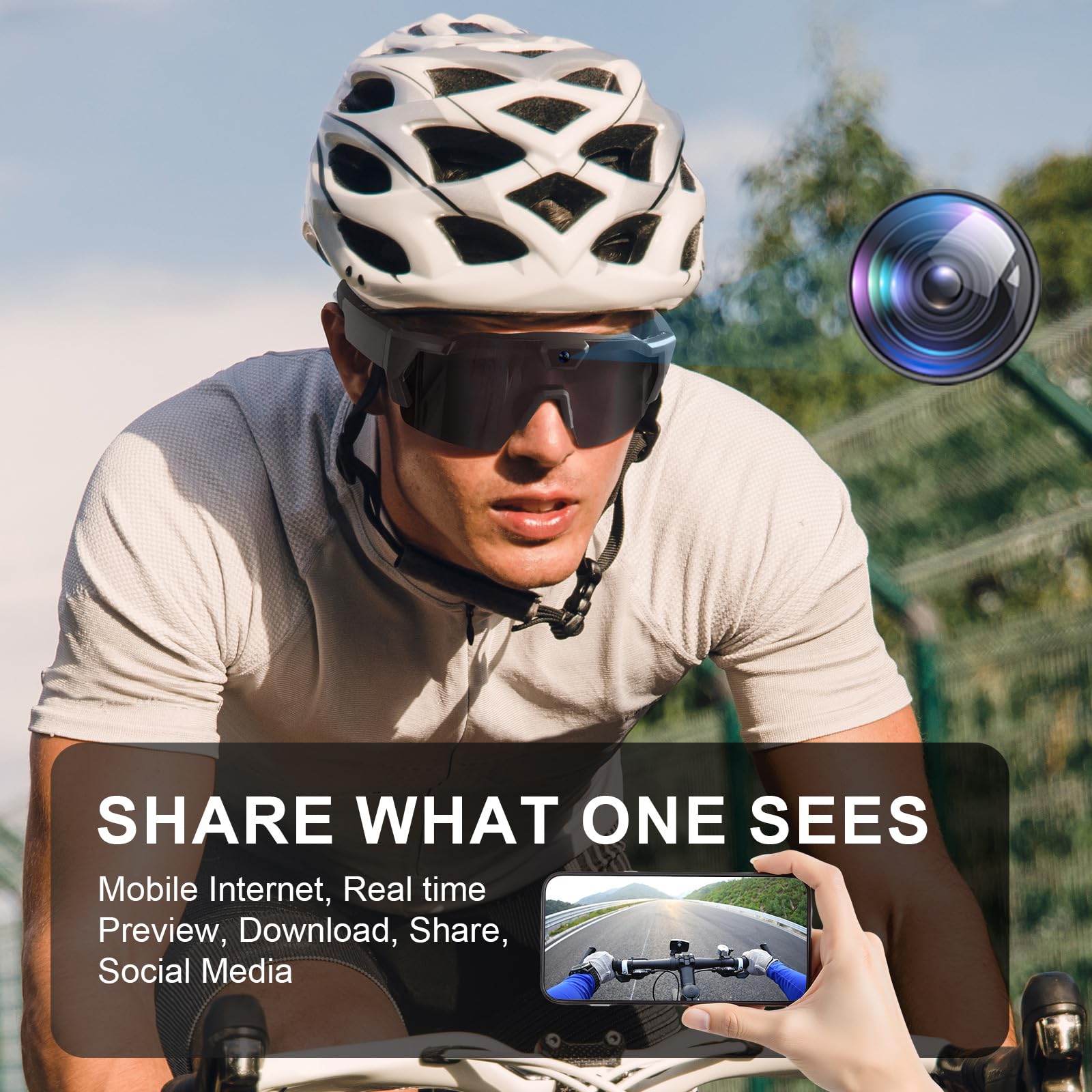LiveOnce Gafas de grabación de video con cámara, gafas de sol inteligentes HD 1080P para deportes, ciclismo y senderismo, almacenamiento de 32 GB, micrófono integrado y lentes polarizadas (F 32 GB)