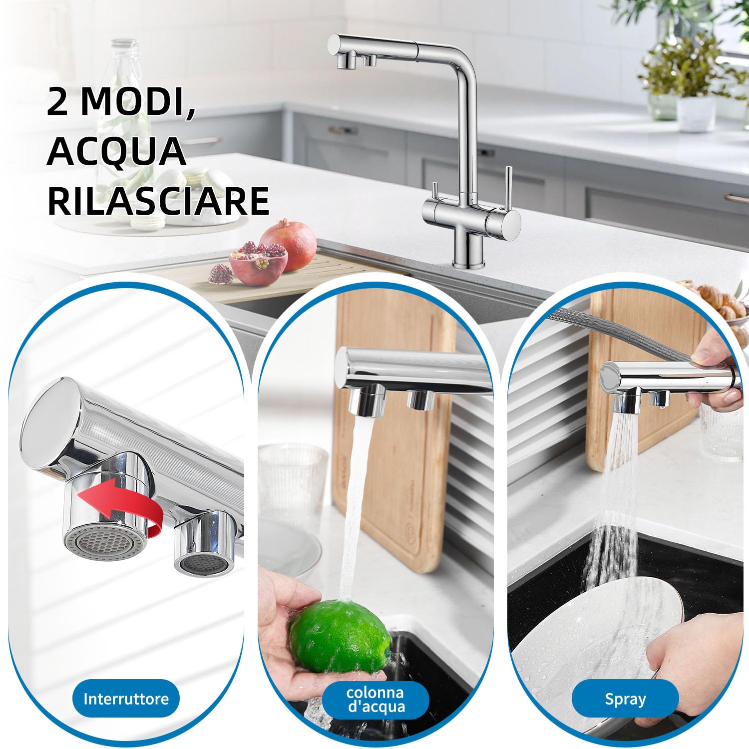 Rubinetto Cucina 3 Vie,rubinetto miscelatore girevole a 360°,Miscelatore per Lavello Con Beccuccio Flessibile, Rubinetto per Lavello Da Cucina per Acqua Fredda e Calda e Filtr