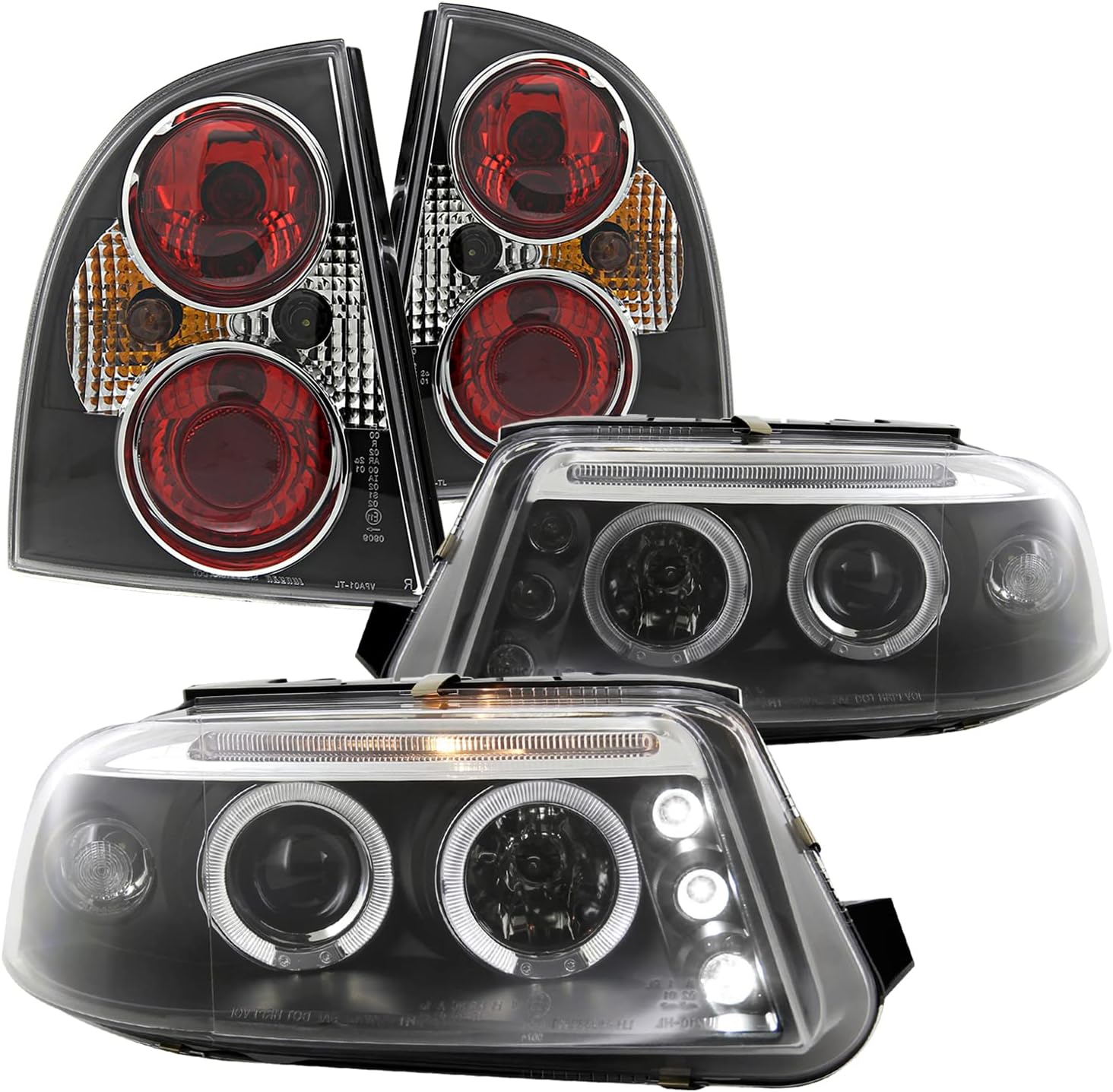 SPEC-D TUNING Black LED Halo Projector Headlights + Black Tail Brake Lamps Compatible with 2001-2005 Volkswagen Passat Left + Right Pair Headlamps Assembly