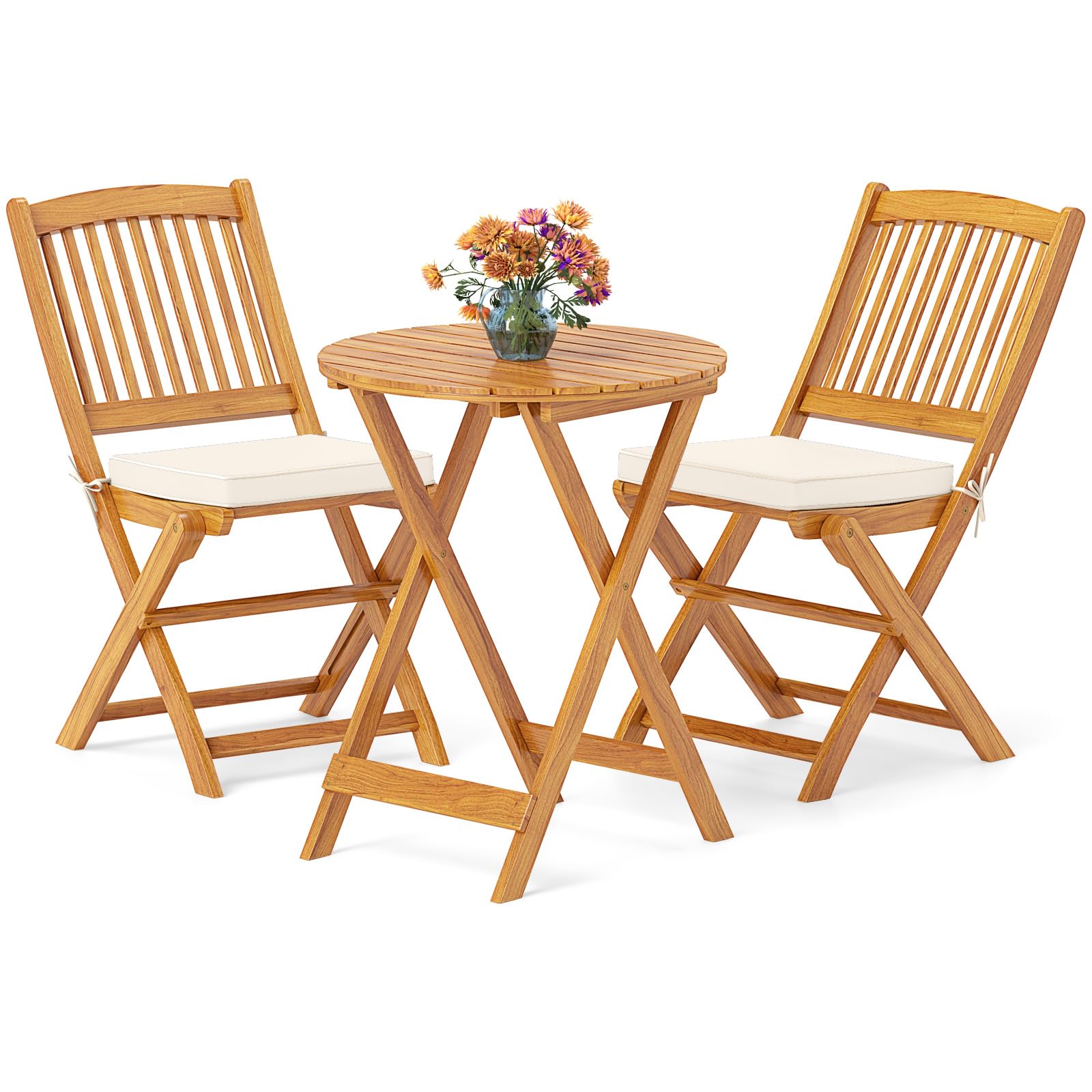 GIANTEX Set de Bistró con 3 Piezas Plegables, Mesa y Sillas Terraza de Madera de Acacia con 2 Cojines Acolchados Removibles, Muebles de Exterior para Patio Jardín Veranda Balcón (Beige)