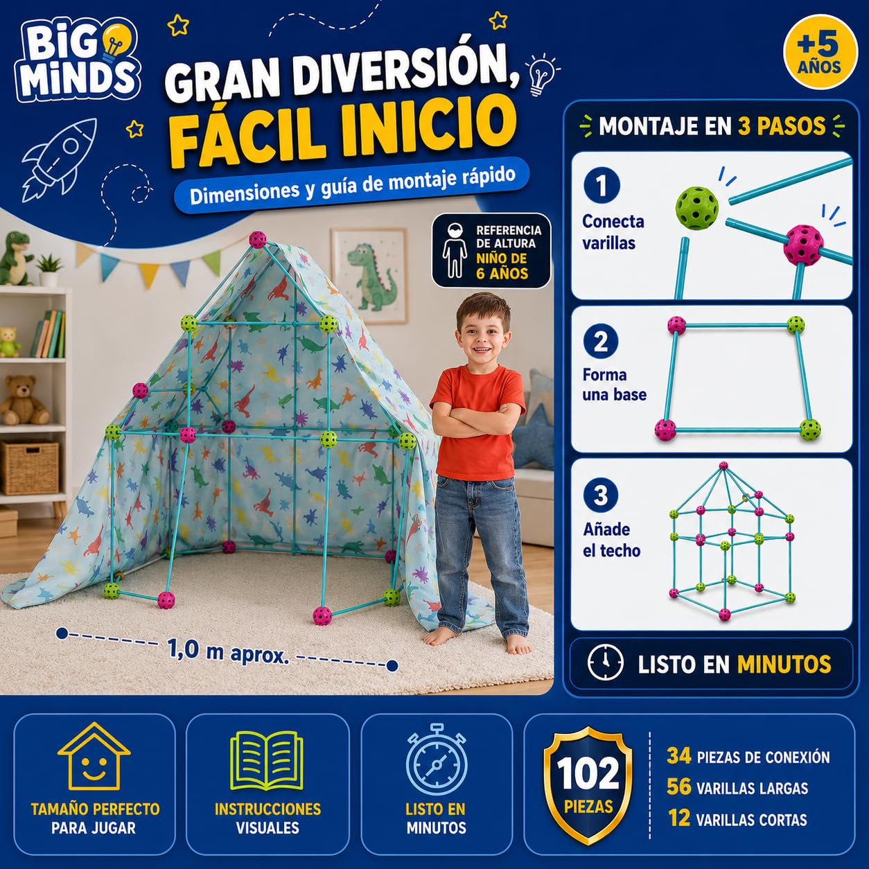Kit Construcción Fuertes - Construye Tu Cabaña XL | Kit Construccion Niños 102 Piezas | Regalo Niño 5 Años | Construccion Fuertes para Niños 5 Años O Más | Casita Infantil Exterior