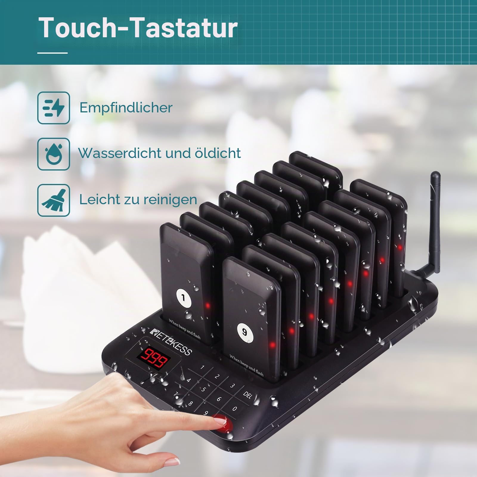Retekess TD157 Pager System, 16 Pagers, Pager Rufsystem Gastro, Draußen 500M, 300mAh Akku, mit Vibration, 998 Kanäle, Aufrufsystem für Restaurants, Bar, Imbisswagen