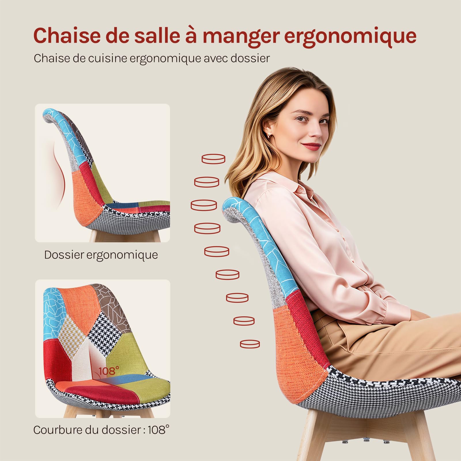 WOLTU Lot de 4 Chaises de Salle à Manger sans Accoudoirs, Chaises de Cuisine Patchwork, avec Pieds en Bois Massif, Style Scandinave, pour Salle à Manger ou Salon, 47x56x81,5 cm, Multicolore