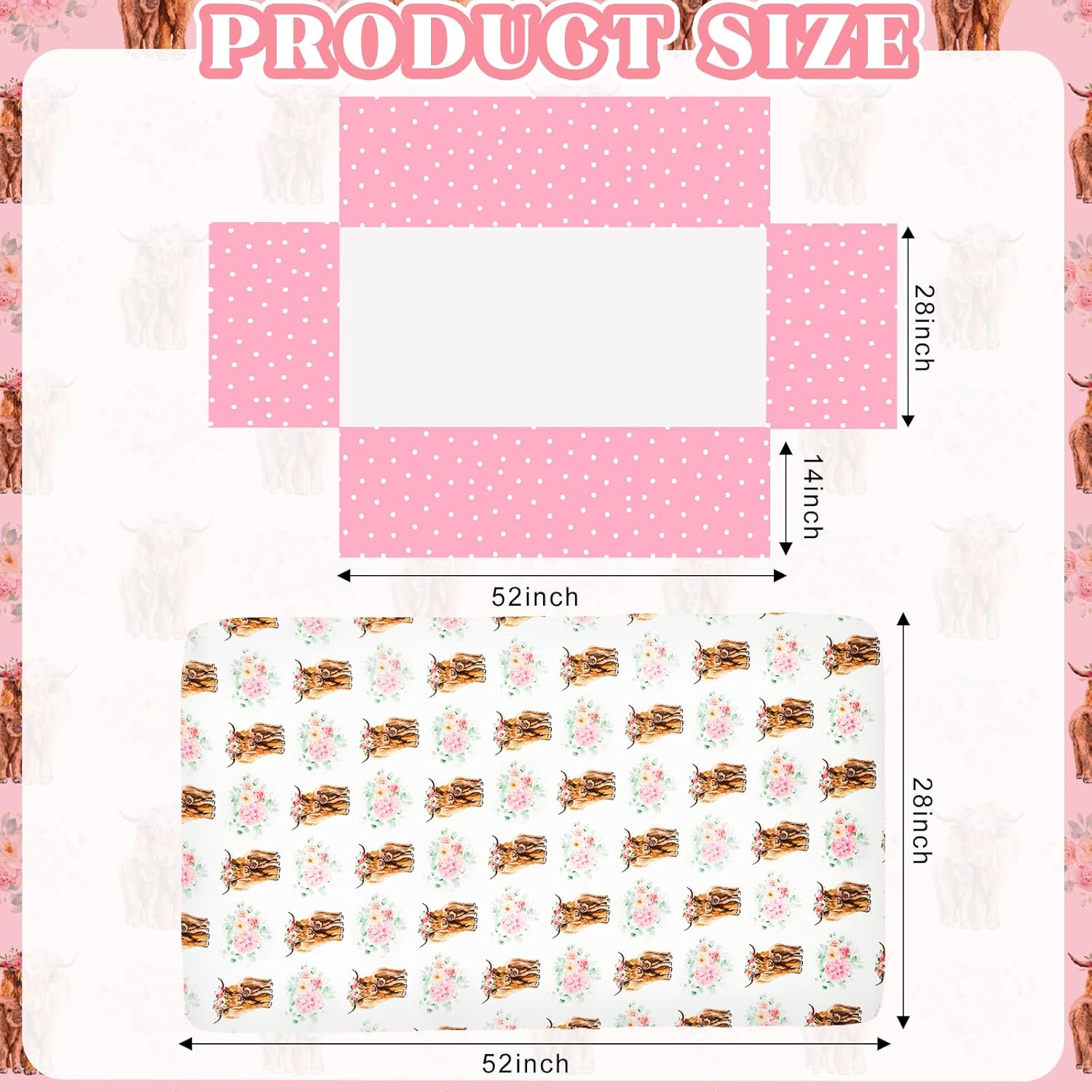 3 Piece Highland Cow Baby Crib Bedding Set for Baby Girls Pink Floral Nursery Crib Sets Includes Quilt,Fitted Crib Sheet, Crib Skirt for Newborns Baby Boy Girl