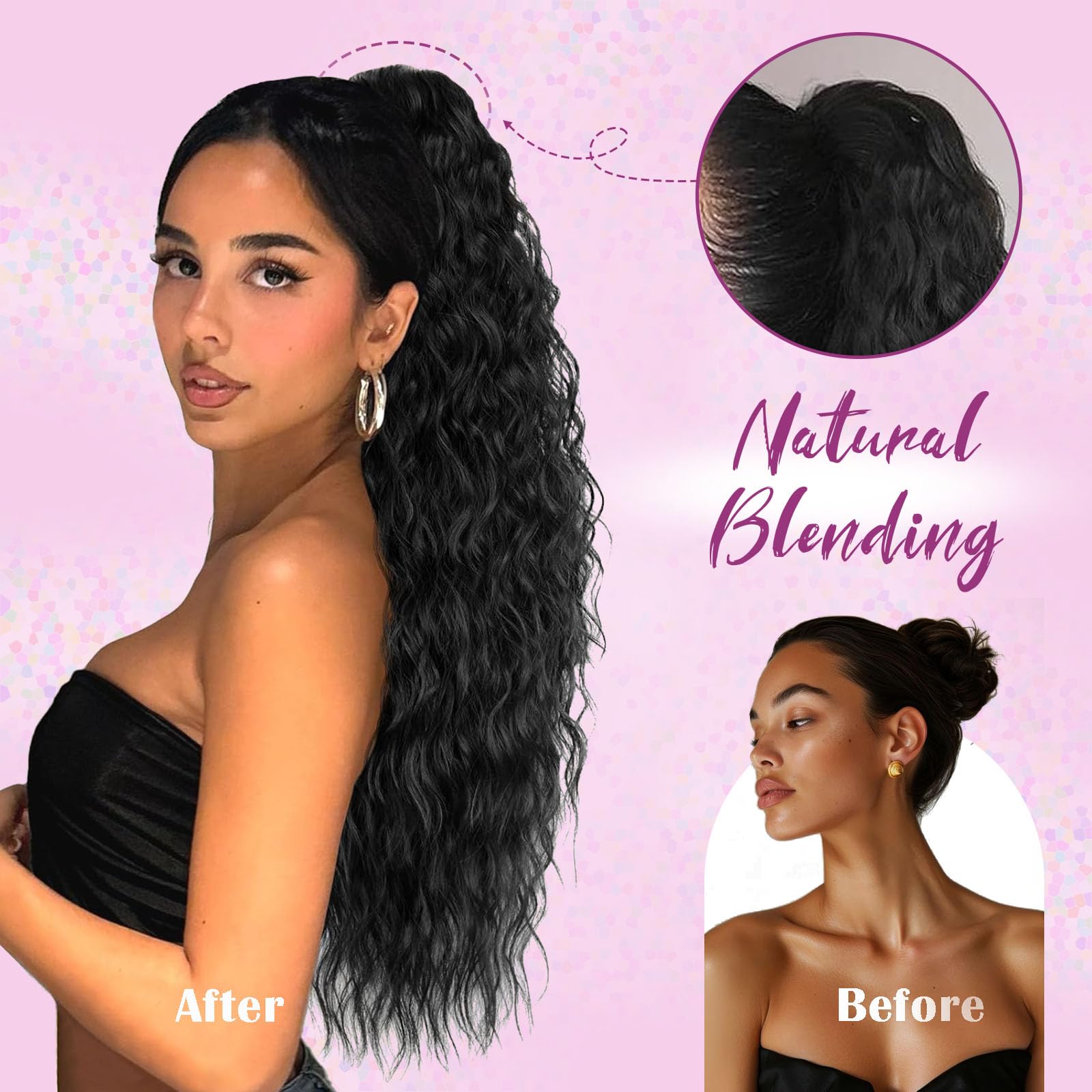 Samtress Ponytail Extension 24 Inch Drawstring Ponytail Hair Extensions Natural Black Long Curly Wavy Ponytail Extension Clip in Ponytail Hair Synthetic Hairpiece for Women (#1B) - Image 3